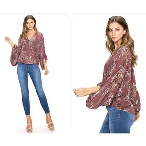 Lovestitch Chiffon Oversized Ballon Sleeve Sheer Floral Sparkle Blouse Size S